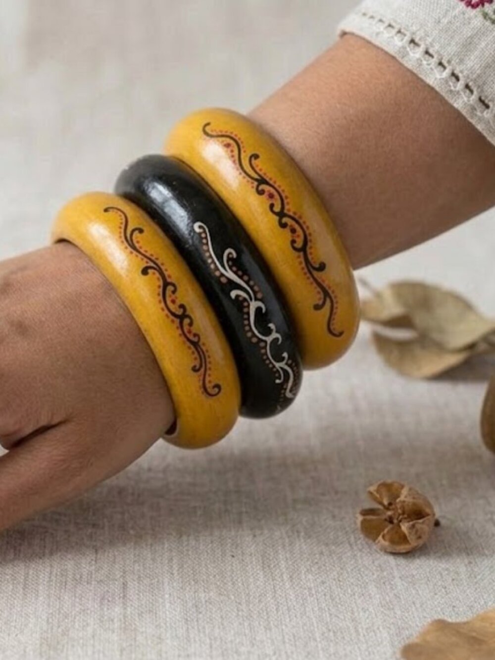 Hand-Painted Wooden Bangle Set | Boho Mustard & Black Stackable Bracelets 2 piec